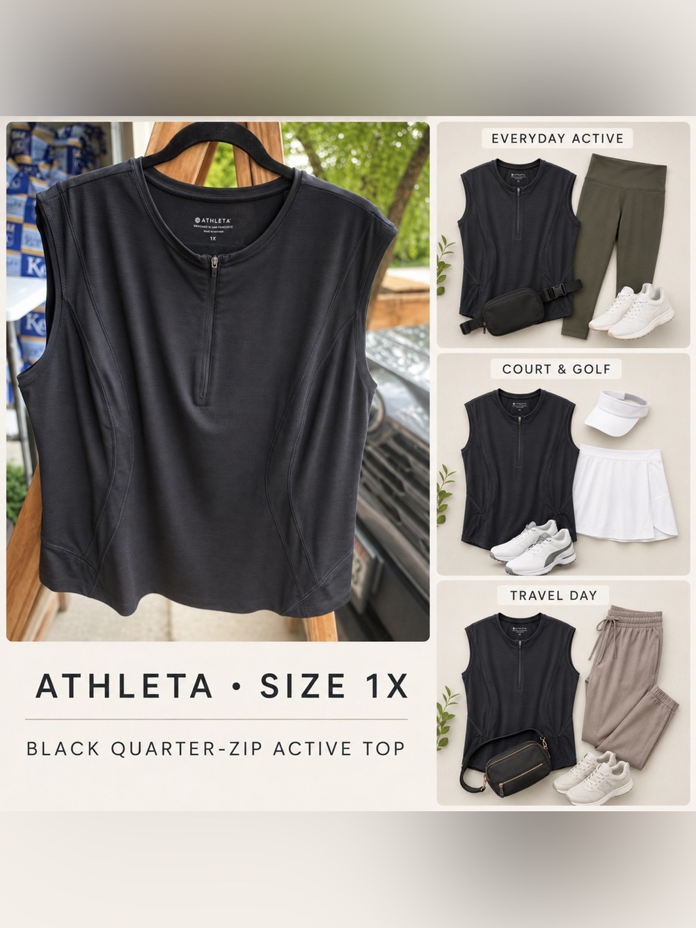 Athleta Black Quarter-Zip Sleeveless Active Top Size 1X